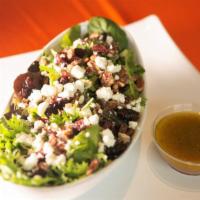 Mixed Greens · Spring Mix & Spinach Lettuce tossed with Cranberries & Candied Walnuts & a Red Wine vinaigre...