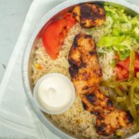 Chicken Kabob Plate · Basmati Saffron Rice | Grilled Chicken Kabob | Salad Mix | Pickles | Garlic Sauce