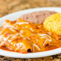 Enchilada Plate · Three enchiladas with your choice of beef fajita, chicken fajita, or cheese. Topped with our...