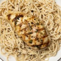 Cacio E Pepe With Rosemary Chicken · Gluten-free brown rice pasta is mixed with extra virgin olive oil, garlic, parmesan cheese a...