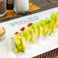 Caterpillar Roll · (8) pieces with steamed shrimp, imitation crab, and cucumber inside, topped with avocado sli...