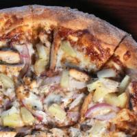 Bbq Chicken · BBQ grilled chicken, red onions, mozzarella cheese, pineapple, and zesty BBQ sauce.