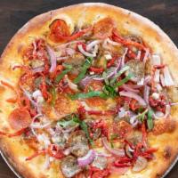 Paesano · Pepperoni, sliced sausage, roasted peppers, red onions, pecorino Romano cheese, Sicilian ext...