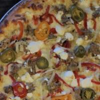 Spicy Fennel Sausage · House made fennel sausage, jalapeños, roasted red peppers, garlic sauce, caramelized onions,...