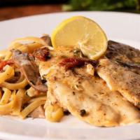 Chicken Piccata · (940 cal). Lightly floured and sautéed chicken with Portabella mushrooms, capers, and sun-dr...