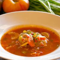 Minestrone Soup (Cup) · Fresh garden vegetables, cannellini beans and penne pasta, in a savory vegetable broth.