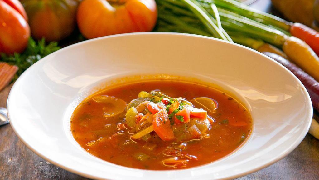 Minestrone Soup (Cup) · Fresh garden vegetables, cannellini beans and penne pasta, in a savory vegetable broth.