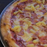 Hawaiian Pizza · (160-290 cal). Pineapple, Canadian bacon, Wisconsin mozzarella, and Russo's pizza sauce.