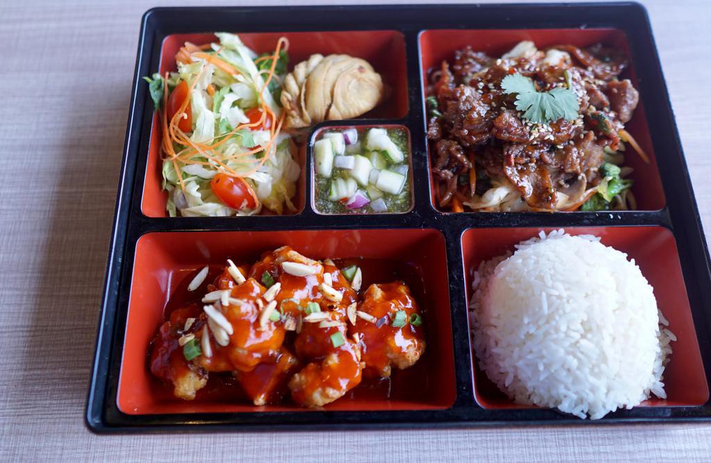 Bento Box - Mongolian Beef & Almond Siracha · Mongolian Beef & Pad Kee Mow
Set Bento includes
- 1 pcs Veggies Curry Puff
- Salad
*** No substitutions ***