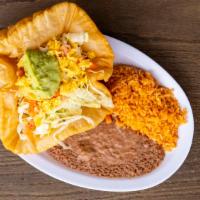 Puffy Taco Plate · (Beef or Chicken), Rice, Beans, Guacamole Salad & 2 Super Tortillas