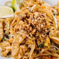Pad Thai · Recommended.  Contains peanut. Stir fried rice noodles with egg, bean sprouts and onion topp...