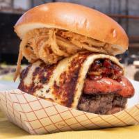 The Burger Daddy (Regular) · Half pound angus beef burger, sausage, bacon jam, melted and juicy grilled cheese,  tobacco ...