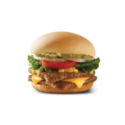 Texas Double Cheeseburger · The Texas Double Cheeseburger is made with two Hot ‘N Juicy small hamburger patties, one slice of melty American cheese, topped with a double “W” application of mustard, lettuce, one tomato slice, two onions, and two pickles slices on a warmed value bun.