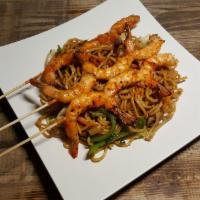 Spicy Shrimp Yakisoba · Hot and spicy.