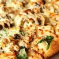 Nutty Chicken · All-natural red sauce, roasted cashews, roasted chicken, mushrooms, baby spinach, Mozzarella...
