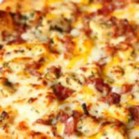 Noah'S Small · Pink sauce, caramelized onions, roasted chicken, bacon, Cheddar, and Mozzarella cheese. Glut...