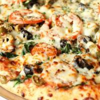The Greek · Vegetarian pizza. All-natural red sauce, black and green olives, baby spinach, garlic, roma ...