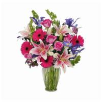 Remembering You · This lovely arrangement features Blue iris, pink gerberas, stargazer lilies, roses, bells of...