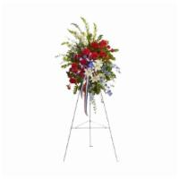 Sacred Duty Spray · Standing tall, proud and patriotic, this dazzling free-standing spray is like a fireworks di...