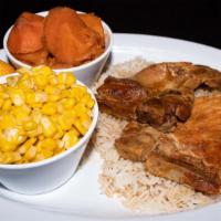 Smothered Porkchops  · Smothered porkchops served over rice. Comes with 2 sides and a cornbread muffin.