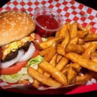 Bacon Cheeseburger Basket · Served with french fries.
