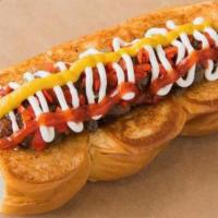 Downtown · Smoked bacon dog, caramelized onions, pickled peppers, mayo, mustard, ketchup.