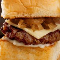 Cheeseburger Slider · Angus beef, mayo, white American cheese, caramelized onions; on a King's Hawaiian roll