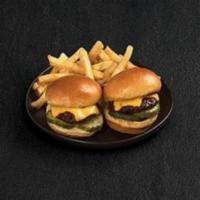 Kids Sliders · 2 USDA Choice beef burgers with American Cheese and pickles on soft mini buns