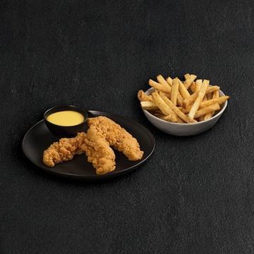Kids Crispy Chicken Fingers · 3 Crispy chicken fingers golden brown on the outside, tender and juicy inside Served with Honey Mustard dressing and kids side choice