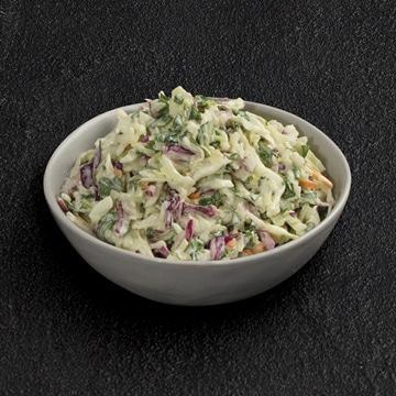 Coleslaw · Slaw mix of red and green cabbage, shredded carrots and fresh spinach tossed in creamy coleslaw dressing
