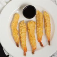 Shrimp Tempura App · 5 Pcs of shrimp lightly battered deep - fried with vegetable oil, served with tempura sauce.