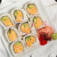 Spicy California Roll · Crab meat, avocado, and cucumber inside.