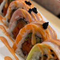 Spicy Rainbow · Spicy tuna roll topped with ahi tuna, salmon red snapper, albacore, shrimp, avocado, and bla...