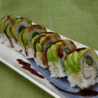 Caterpillar · Freshwater eel and cucumber inside topped with avocado, served with sweet eel sauce.