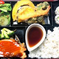 Salmon Teriyaki Bento · Bento box Includes 5 pcs of tempura, and 2pcs of california roll, served with miso soup, sal...