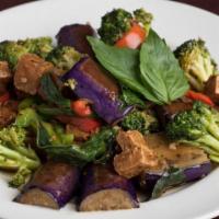 Eggplant Tofu (L) · Stir-fried eggplants and fried tofu with broccoli, bell peppers and fresh basil in spicy bas...