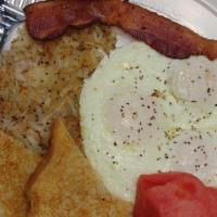 Breakfast Plate · 3 eggs over easy, bacon. toast, hash brown