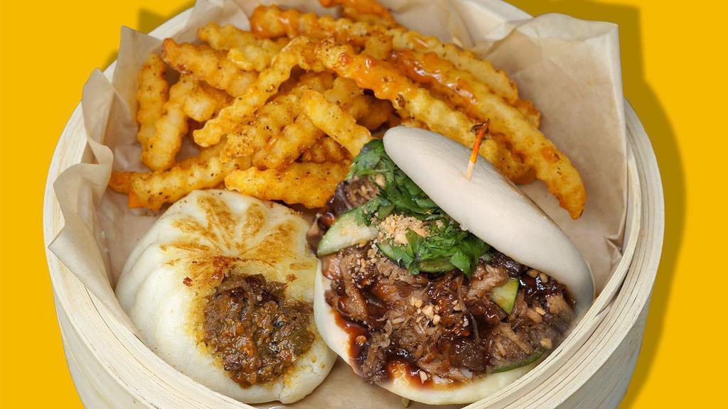 Pork Combo · Juicy Pork Bao, Pork Belly Guabao, Szechuan Fries, served with Spicy Mayo.
Pork Belly Guabao contains peanuts.
Buns contain wheat/gluten and milk.
Spicy Mayo is egg free.