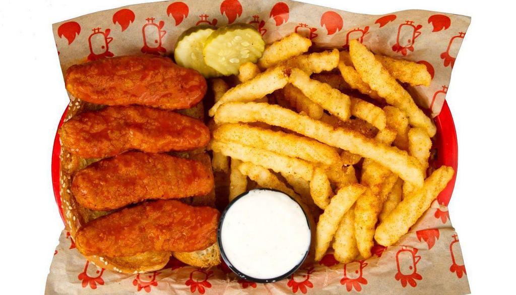 Meatless Tender Basket · 4 Meatless Beyond Tenders Sauced with your choice of flavor served with Fries, Bread, Pickles, and Bird Sauce