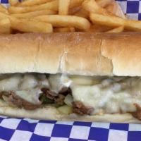 Philly Works · Sliced seasoned steak, grilled onions sauteed mushrooms, green bell peppers, provolone chees...