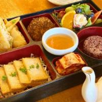 Bento Box · Served with Vege Egg Roll & Chicken Gyoza, Korean Skewers, House Salad, Purple Rice or  Mix ...