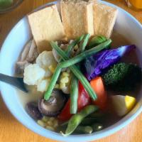 Rainbow Vege Miso Rice Noodle · Vegetarian and Gluten free miso base rice noodle soup with various choice of steamed vegetab...