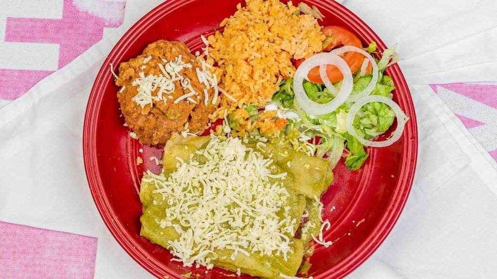 Enchilada Plate · 3 red or green enchiladas, rice and beans.