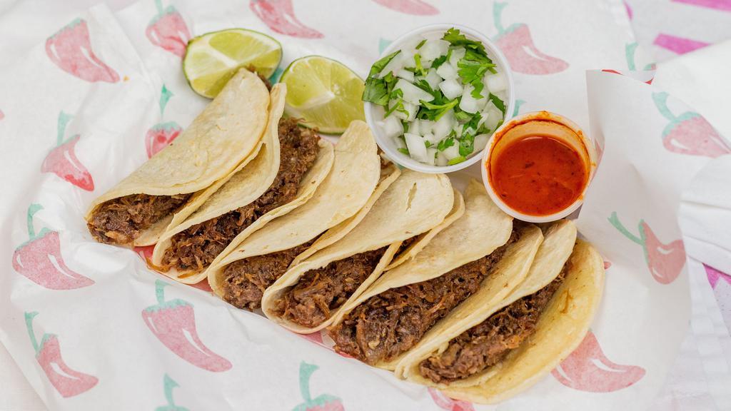 Tacos · 6 Soft tacos or 4 hard shell tacos, salsa, cilantro, onion and lime.