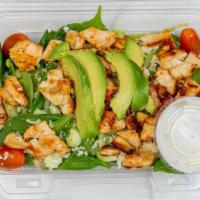 Chicken Salad · Grilled chicken, lettuce, spinach, aguacate, carrots, tomato, shredded cheese and dressing.