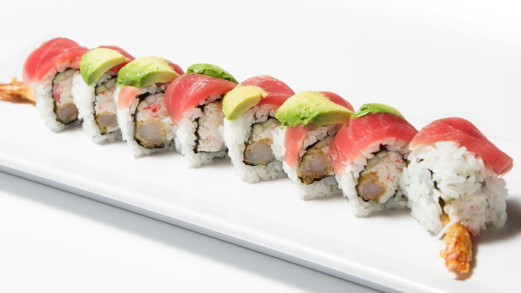 Geisha Roll · Inside: Fried Shrimp, Crab Meat,
Cucumber. Top: Tuna, Avocado. Sauce: Spicy Mayo, Spicy Sauce, Sweet Sauce, Wasabi Sauce