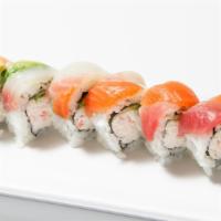 Rainbow Roll · Inside: California Roll. Top: Tuna, Salmon, Red Snapper, Cooked Shrimp, Avocado