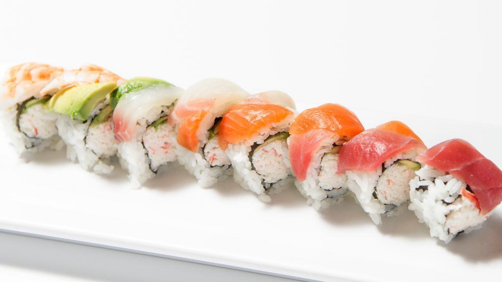 Rainbow Roll · Inside: California Roll. Top: Tuna, Salmon, Red Snapper, Cooked Shrimp, Avocado