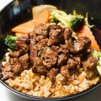 Steak Bowl · Hibachi Steak, Stirfried Veggie, Your Choice of Rice (Steamed or Fried Rice(95 cents)).