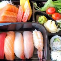 Sushi & Sashimi Bento · Sushi: Tuna, Salmon, Red Snapper, Shrimp, Yellowtail Sashimi (Choose One): Tuna (3), Salmon ...